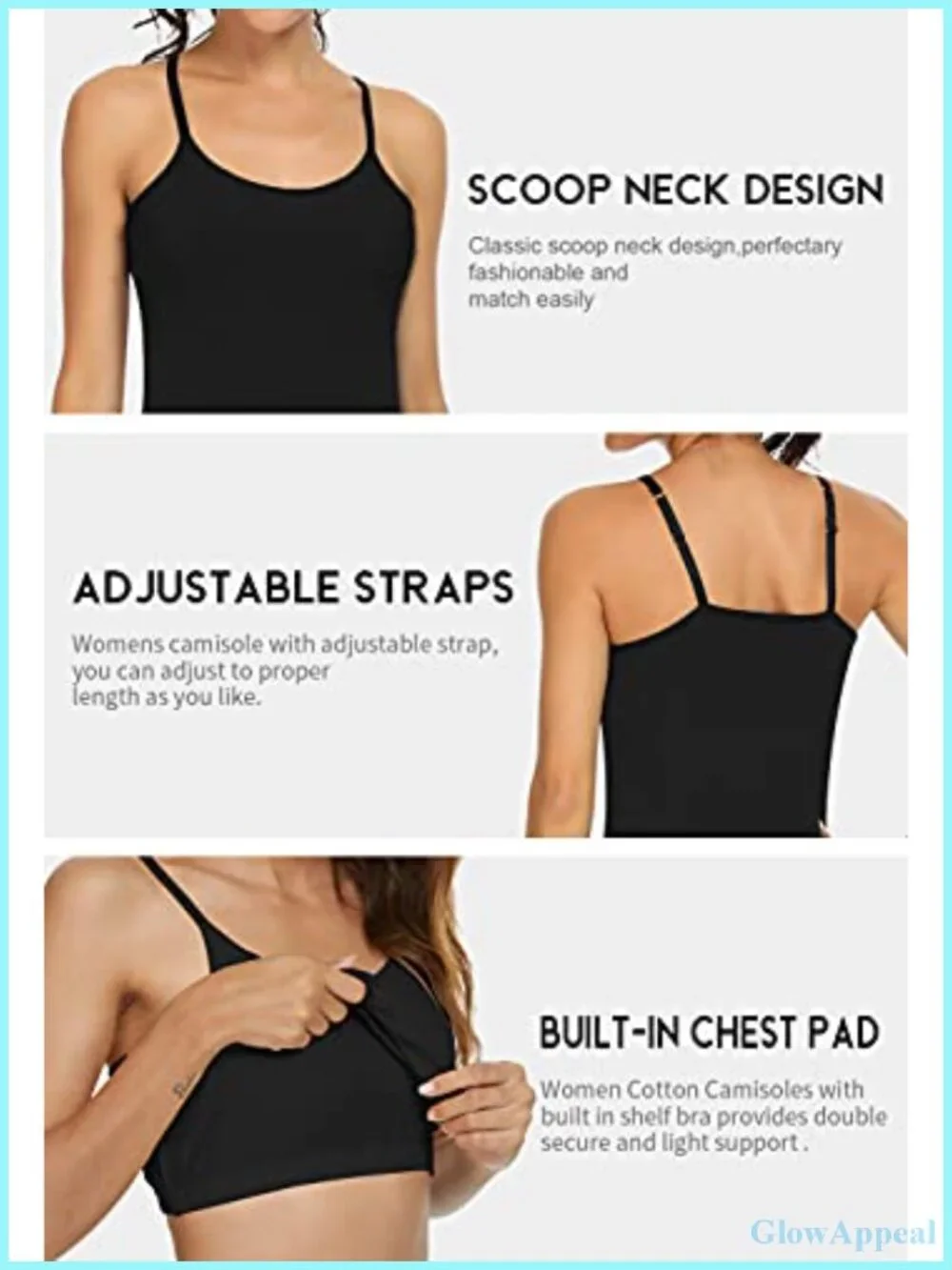Women's Cotton Camisole Shelf Bra Tank Tops Adjustable Spaghetti Strap 3-Pack